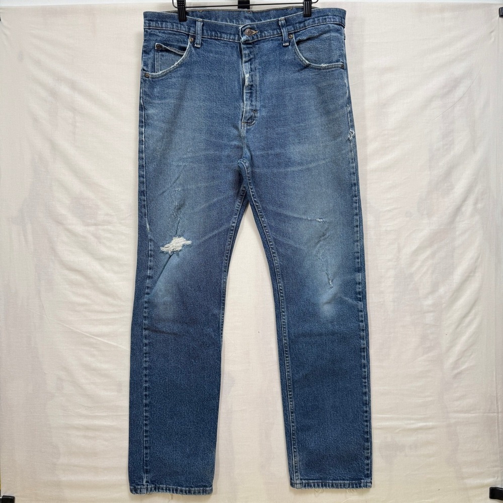 Wrangler Jeans Mens 36x32 Blue Straight Leg Distressed Denim 96FXVMF